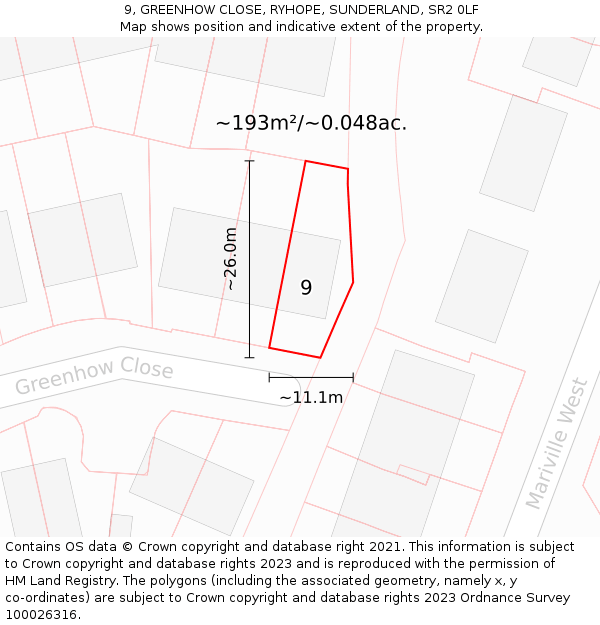 9, GREENHOW CLOSE, RYHOPE, SUNDERLAND, SR2 0LF: Plot and title map