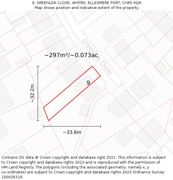 9, GREENLEA CLOSE, WHITBY, ELLESMERE PORT, CH65 6QA: Plot and title map