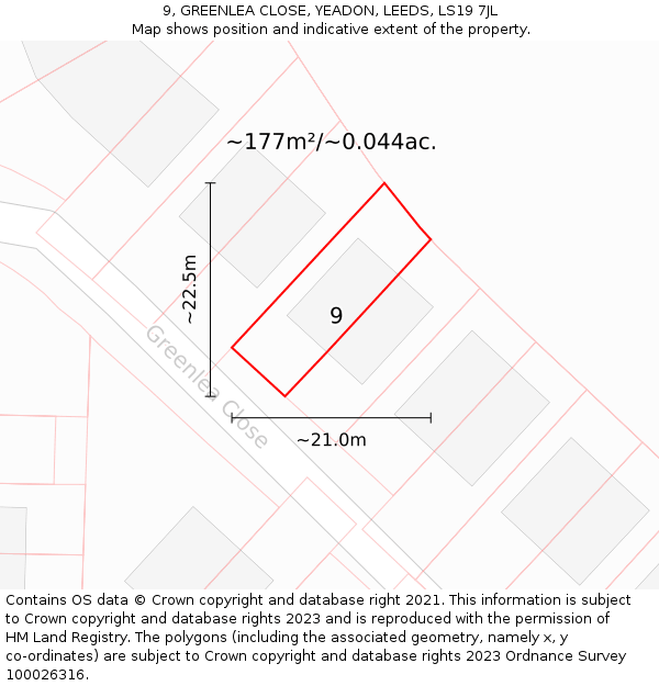 9, GREENLEA CLOSE, YEADON, LEEDS, LS19 7JL: Plot and title map