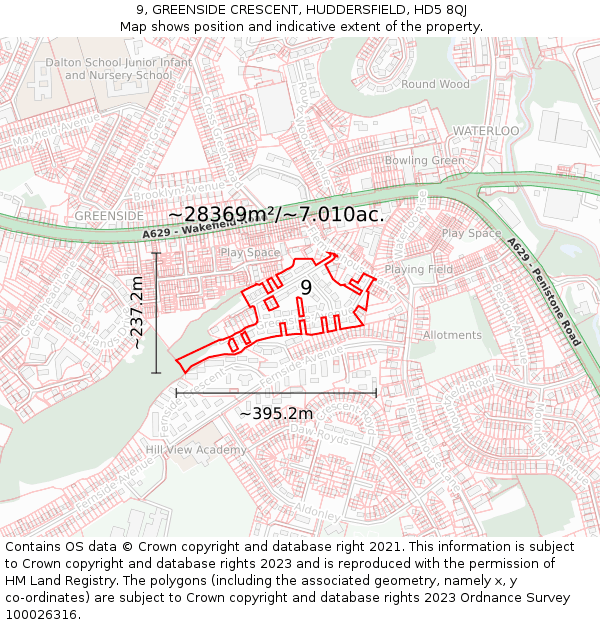9, GREENSIDE CRESCENT, HUDDERSFIELD, HD5 8QJ: Plot and title map