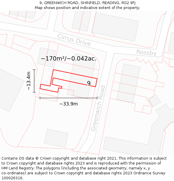 9, GREENWICH ROAD, SHINFIELD, READING, RG2 9FJ: Plot and title map