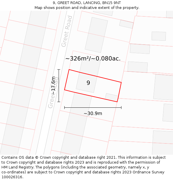 9, GREET ROAD, LANCING, BN15 9NT: Plot and title map