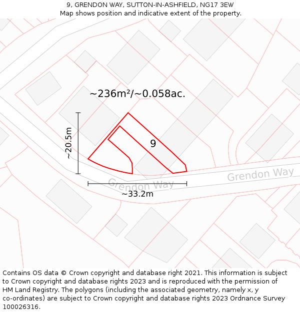 9, GRENDON WAY, SUTTON-IN-ASHFIELD, NG17 3EW: Plot and title map