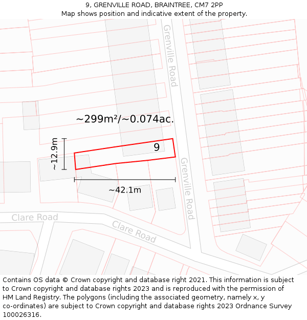 9, GRENVILLE ROAD, BRAINTREE, CM7 2PP: Plot and title map