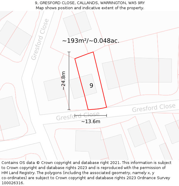 9, GRESFORD CLOSE, CALLANDS, WARRINGTON, WA5 9RY: Plot and title map