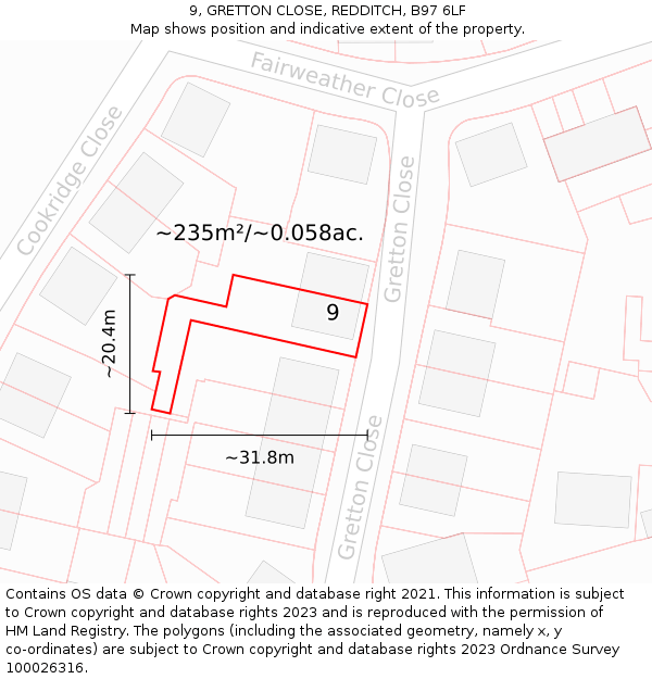 9, GRETTON CLOSE, REDDITCH, B97 6LF: Plot and title map