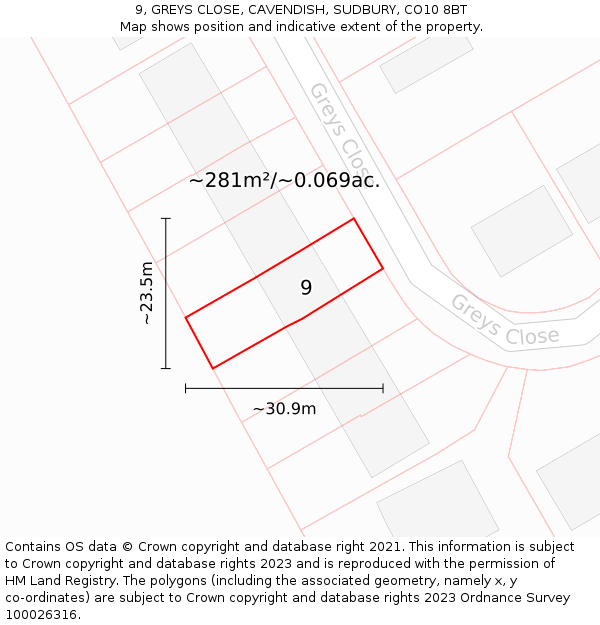 9, GREYS CLOSE, CAVENDISH, SUDBURY, CO10 8BT: Plot and title map