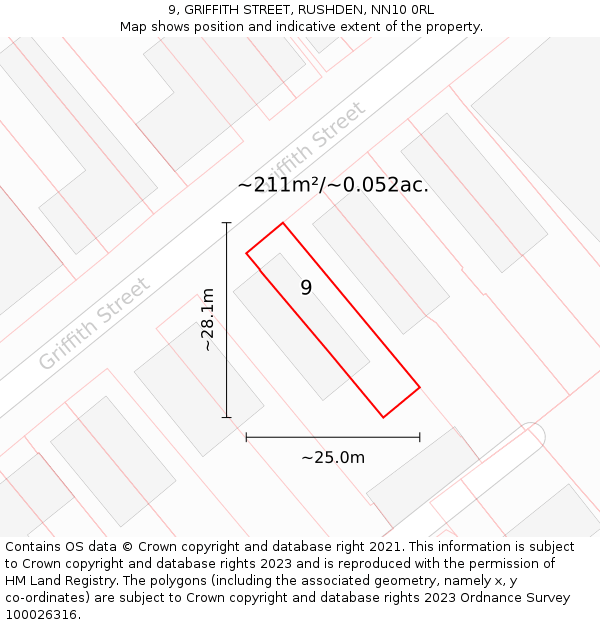 9, GRIFFITH STREET, RUSHDEN, NN10 0RL: Plot and title map