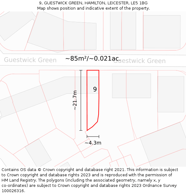 9, GUESTWICK GREEN, HAMILTON, LEICESTER, LE5 1BG: Plot and title map