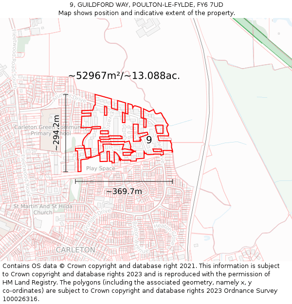 9, GUILDFORD WAY, POULTON-LE-FYLDE, FY6 7UD: Plot and title map