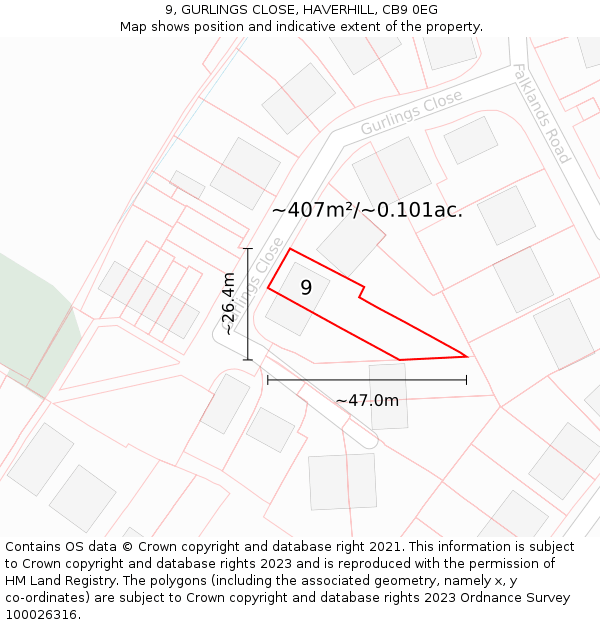 9, GURLINGS CLOSE, HAVERHILL, CB9 0EG: Plot and title map