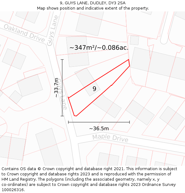 9, GUYS LANE, DUDLEY, DY3 2SA: Plot and title map