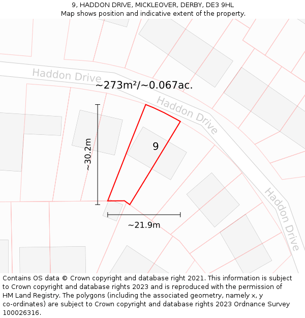 9, HADDON DRIVE, MICKLEOVER, DERBY, DE3 9HL: Plot and title map