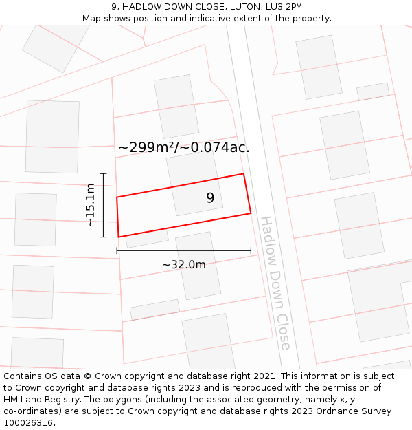 9, HADLOW DOWN CLOSE, LUTON, LU3 2PY: Plot and title map