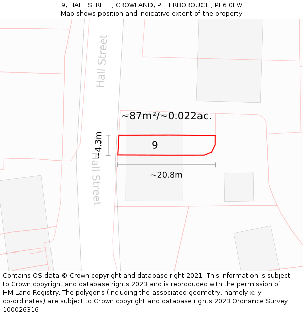 9, HALL STREET, CROWLAND, PETERBOROUGH, PE6 0EW: Plot and title map