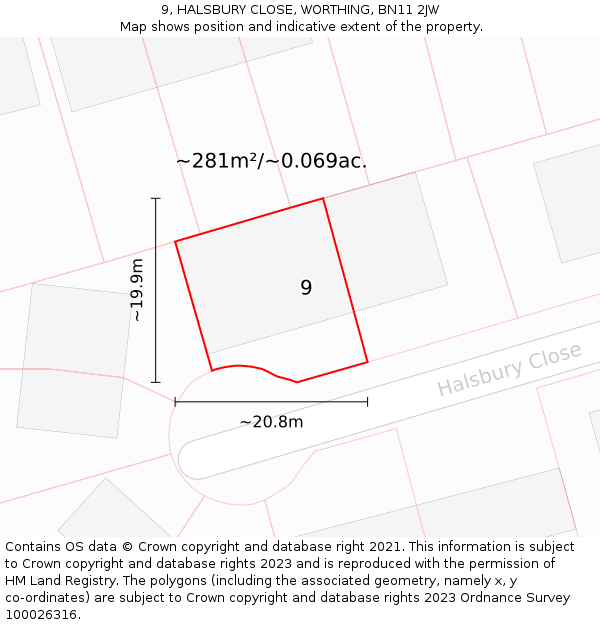 9, HALSBURY CLOSE, WORTHING, BN11 2JW: Plot and title map