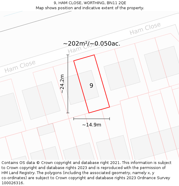 9, HAM CLOSE, WORTHING, BN11 2QE: Plot and title map