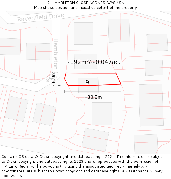 9, HAMBLETON CLOSE, WIDNES, WA8 4SN: Plot and title map