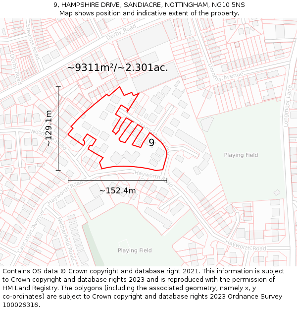 9, HAMPSHIRE DRIVE, SANDIACRE, NOTTINGHAM, NG10 5NS: Plot and title map