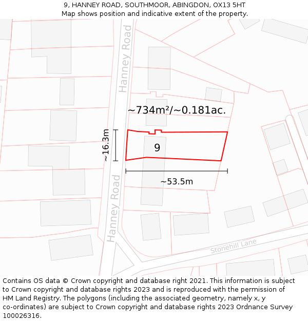 9, HANNEY ROAD, SOUTHMOOR, ABINGDON, OX13 5HT: Plot and title map