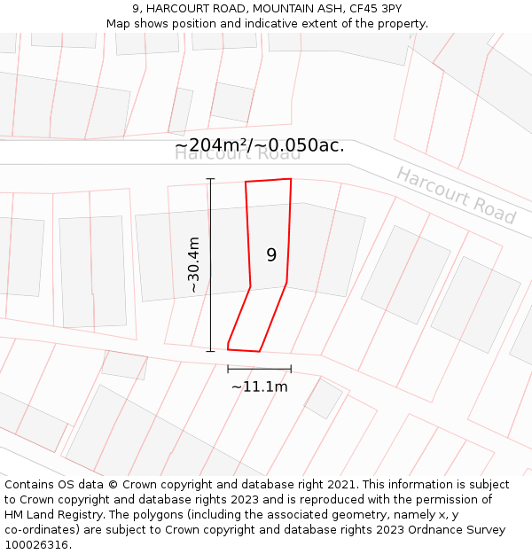 9, HARCOURT ROAD, MOUNTAIN ASH, CF45 3PY: Plot and title map