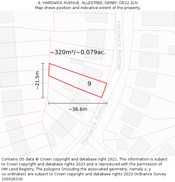 9, HARDWICK AVENUE, ALLESTREE, DERBY, DE22 2LN: Plot and title map