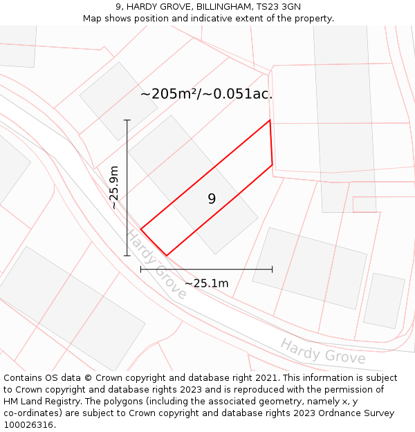 9, HARDY GROVE, BILLINGHAM, TS23 3GN: Plot and title map