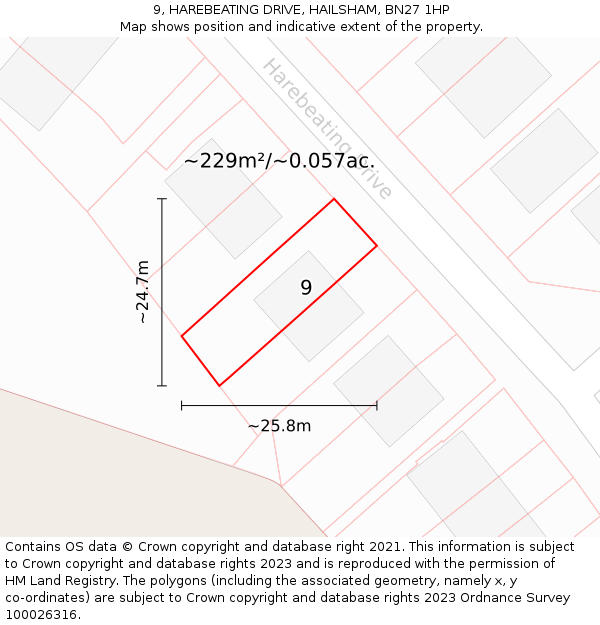9, HAREBEATING DRIVE, HAILSHAM, BN27 1HP: Plot and title map
