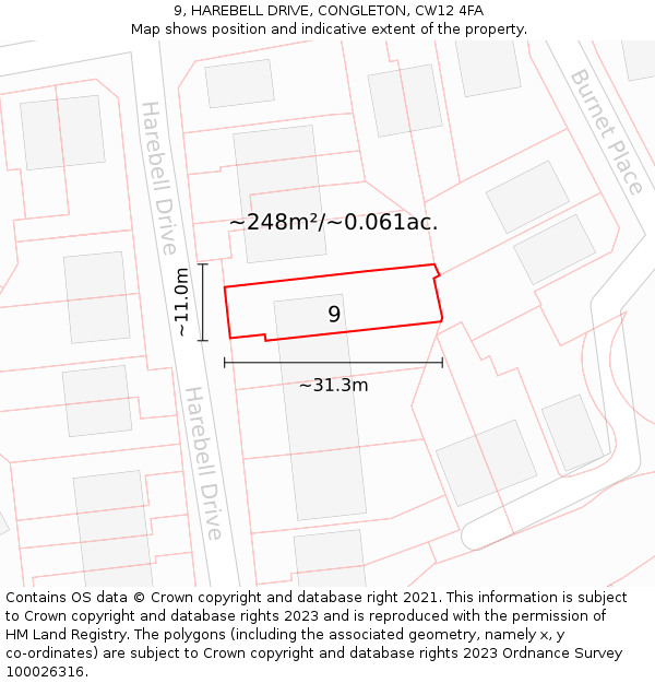 9, HAREBELL DRIVE, CONGLETON, CW12 4FA: Plot and title map