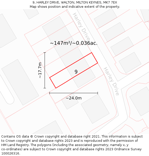 9, HARLEY DRIVE, WALTON, MILTON KEYNES, MK7 7EX: Plot and title map
