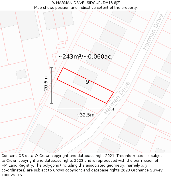 9, HARMAN DRIVE, SIDCUP, DA15 8JZ: Plot and title map