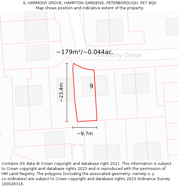 9, HARMONY GROVE, HAMPTON GARDENS, PETERBOROUGH, PE7 8QX: Plot and title map