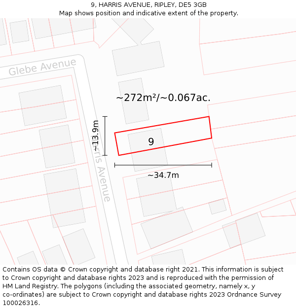 9, HARRIS AVENUE, RIPLEY, DE5 3GB: Plot and title map