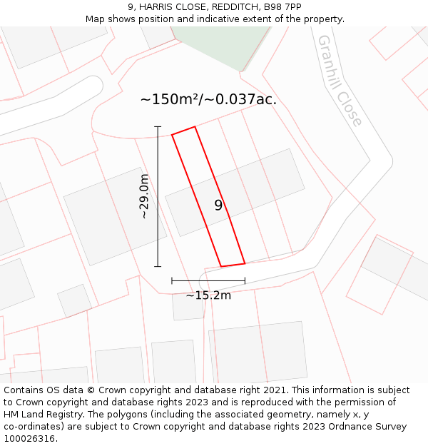 9, HARRIS CLOSE, REDDITCH, B98 7PP: Plot and title map