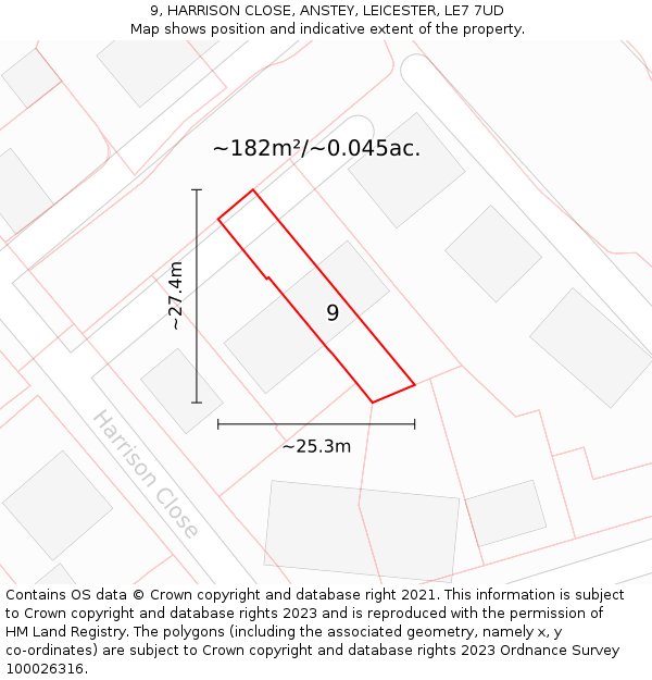 9, HARRISON CLOSE, ANSTEY, LEICESTER, LE7 7UD: Plot and title map