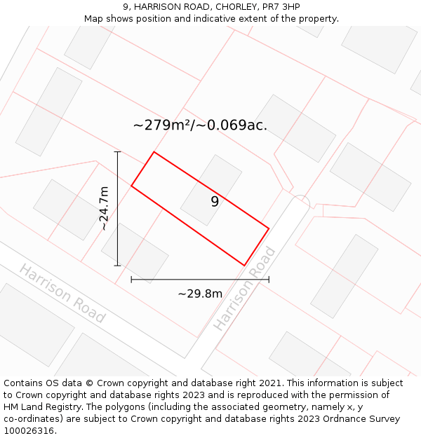 9, HARRISON ROAD, CHORLEY, PR7 3HP: Plot and title map