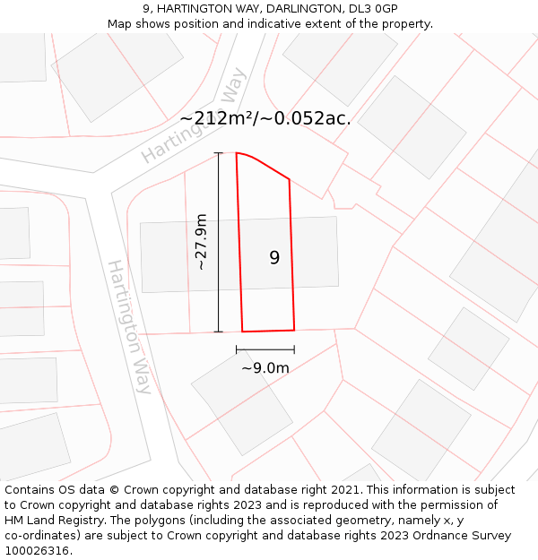 9, HARTINGTON WAY, DARLINGTON, DL3 0GP: Plot and title map