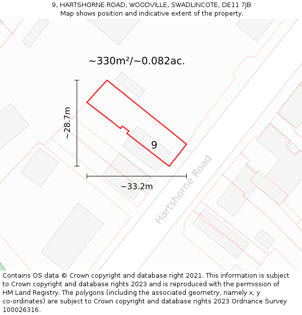 9, HARTSHORNE ROAD, WOODVILLE, SWADLINCOTE, DE11 7JB: Plot and title map