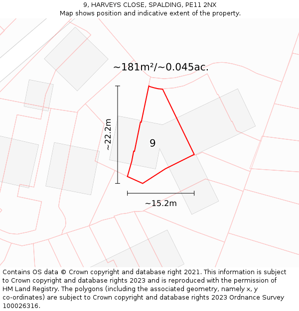 9, HARVEYS CLOSE, SPALDING, PE11 2NX: Plot and title map