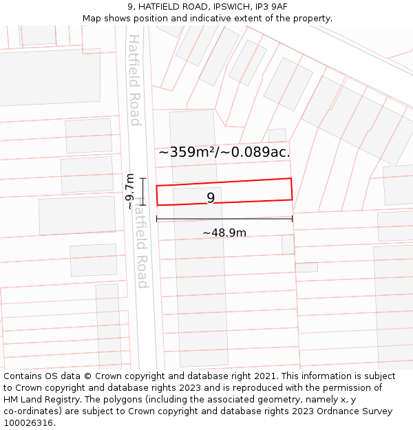 9, HATFIELD ROAD, IPSWICH, IP3 9AF: Plot and title map