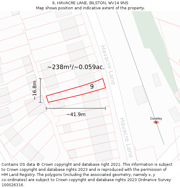 9, HAVACRE LANE, BILSTON, WV14 9NS: Plot and title map