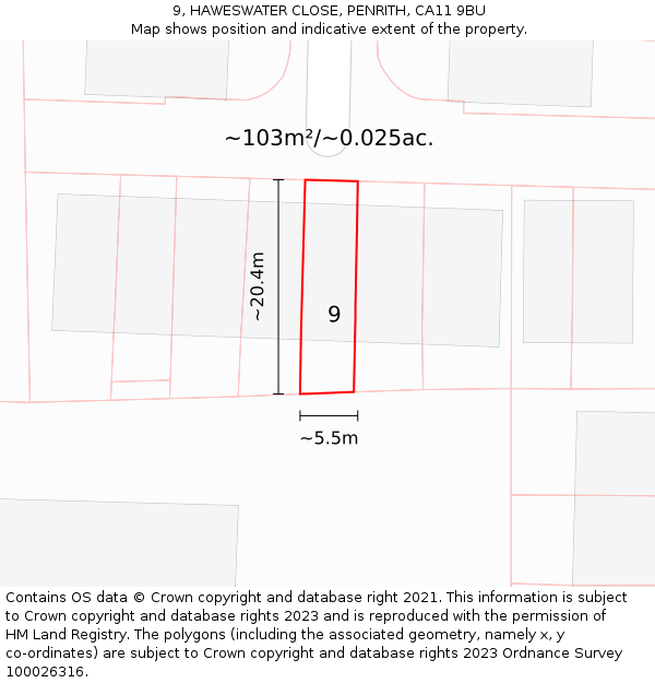 9, HAWESWATER CLOSE, PENRITH, CA11 9BU: Plot and title map