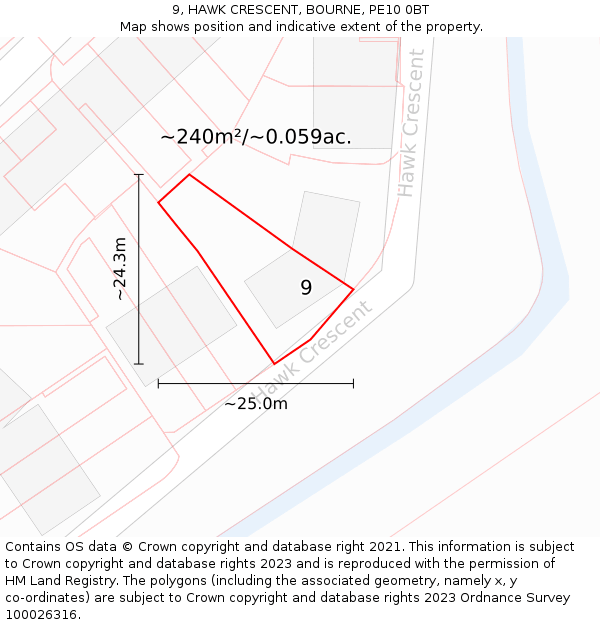 9, HAWK CRESCENT, BOURNE, PE10 0BT: Plot and title map
