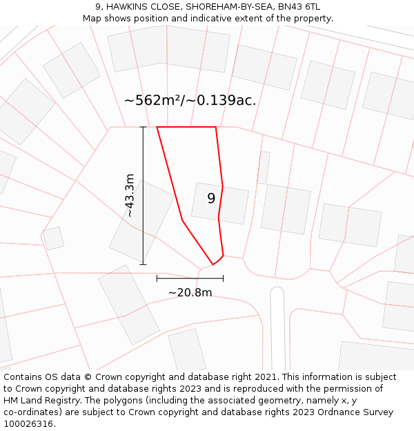 9, HAWKINS CLOSE, SHOREHAM-BY-SEA, BN43 6TL: Plot and title map