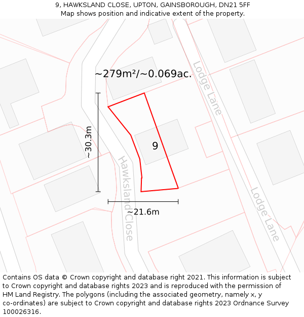 9, HAWKSLAND CLOSE, UPTON, GAINSBOROUGH, DN21 5FF: Plot and title map