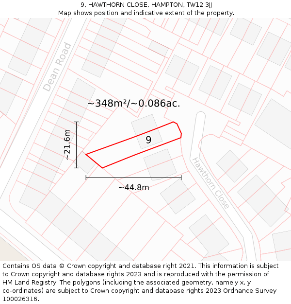 9, HAWTHORN CLOSE, HAMPTON, TW12 3JJ: Plot and title map