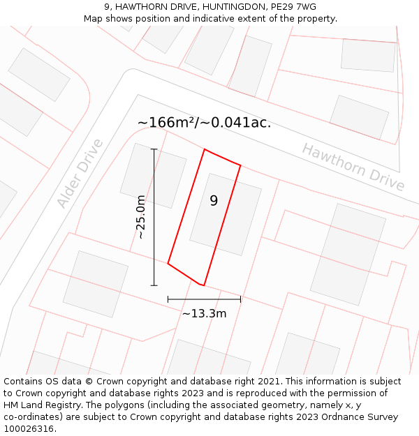 9, HAWTHORN DRIVE, HUNTINGDON, PE29 7WG: Plot and title map