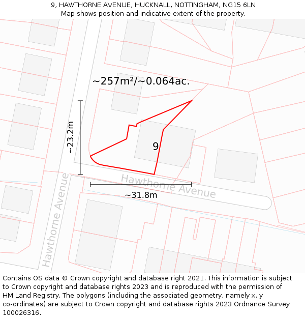 9, HAWTHORNE AVENUE, HUCKNALL, NOTTINGHAM, NG15 6LN: Plot and title map