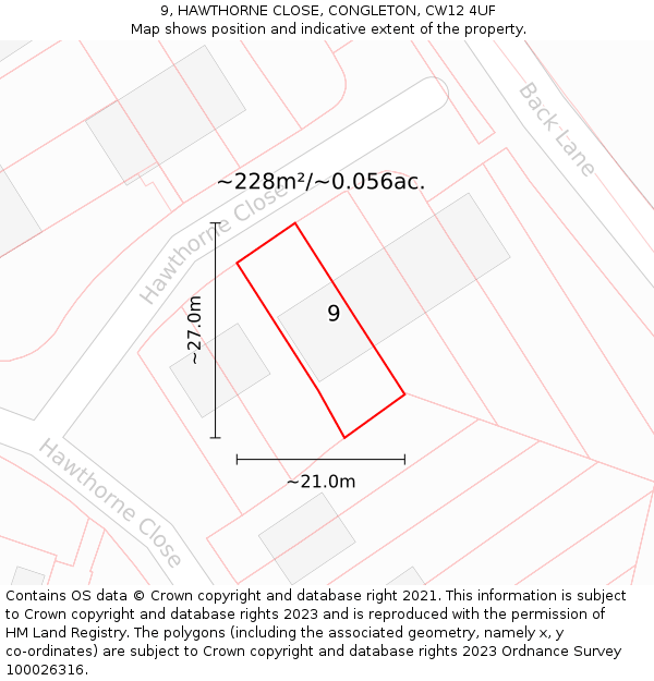 9, HAWTHORNE CLOSE, CONGLETON, CW12 4UF: Plot and title map