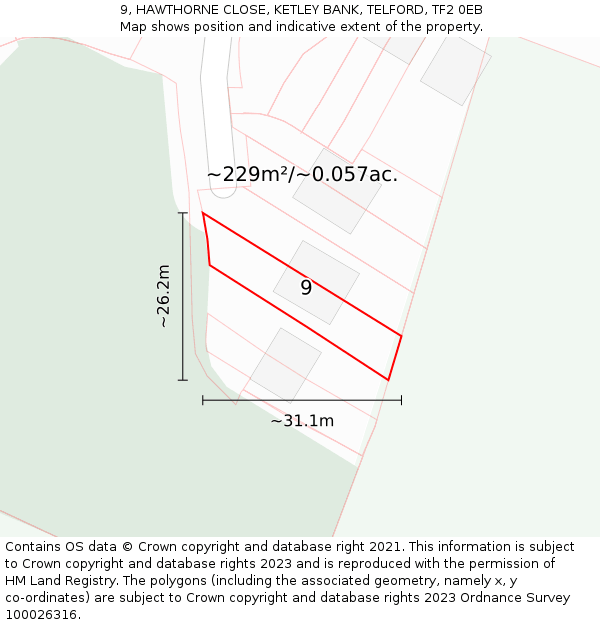 9, HAWTHORNE CLOSE, KETLEY BANK, TELFORD, TF2 0EB: Plot and title map